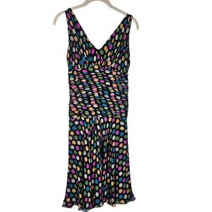 Y2K Babydoll Silk Polka Dot Midi Dress 6 Ruched Waist Fit & Flare Retro Rainbow